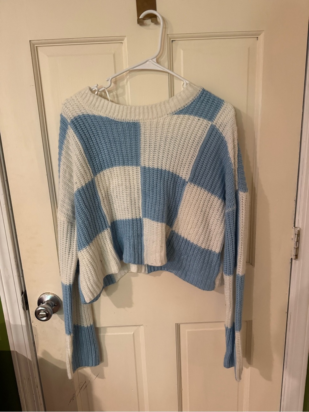 moon & madison Blue and Cream Checker Crop Sweater